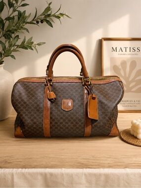 Celine Brown Patterned Canvas Travel Bag with Tan Leather Trim